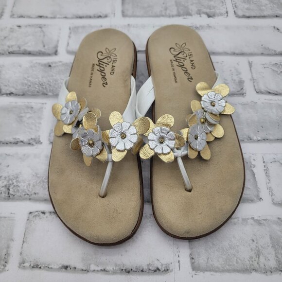Island Slipper Hawaii Leilani Gold Silver Floral Thong Flip Flop Size 6 Comfort - Picture 1 of 4